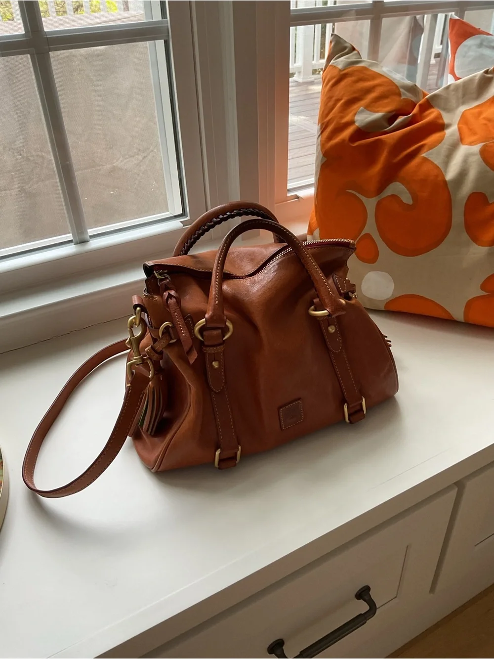 Dooney & Bourke Chestnut Brown Leather Satchel with Tassels - Picture 2 of 9